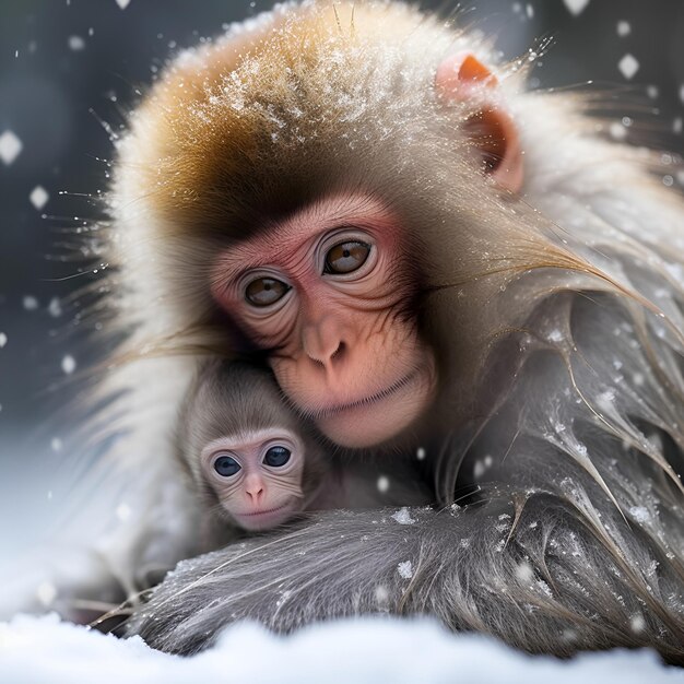 Photo monkey mom and baby close up in winter