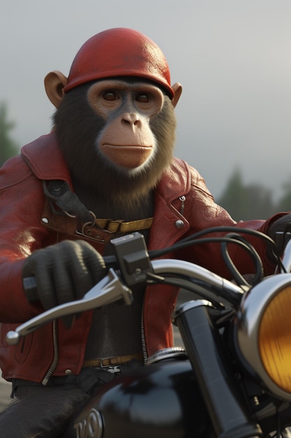 Monkey on a motorcycle wearing a red hat