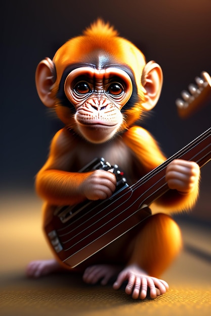 Photo a monkey playing a bass guitar with a black background.