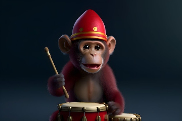 A monkey playing a drum with a red hat