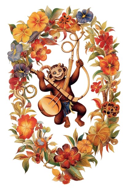 꽃으로 둘러싸인 악기를 연주하는 원숭이 생성 ai 이미지