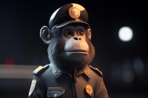 A monkey in a police uniform stands in a dark room.