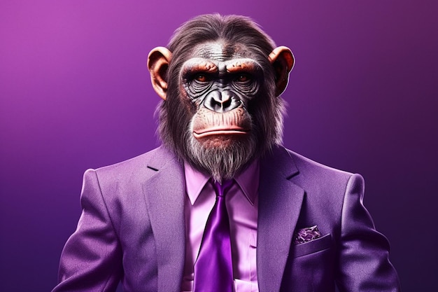 A monkey in a purple suit with a purple background