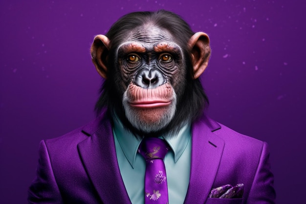 A monkey in a purple suit with a purple background