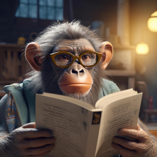 Monkey reading a book