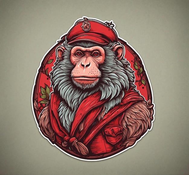 Monkey in red coat and beret Hand drawn vector illustration
