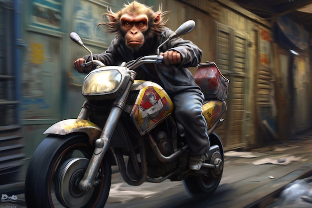 Monkey rides on a motorcycle through the streets of the city