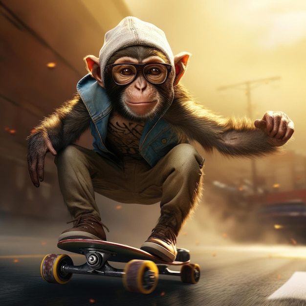 Monkey rides a skateboard