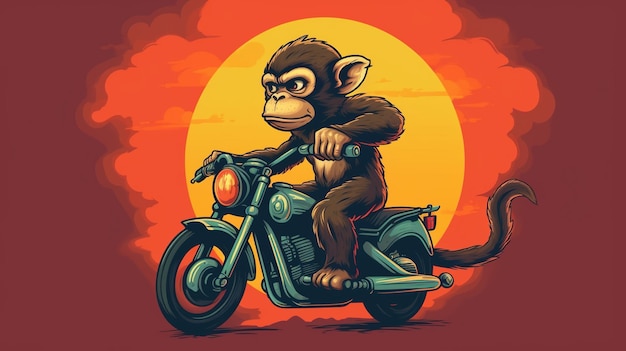 Monkey riding a motorcycle on orange background Cartoon character Cartoon illustration Generative Ai