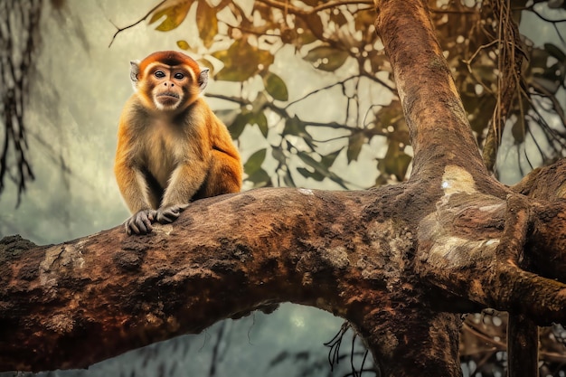 A monkey sits on a branch in a forest