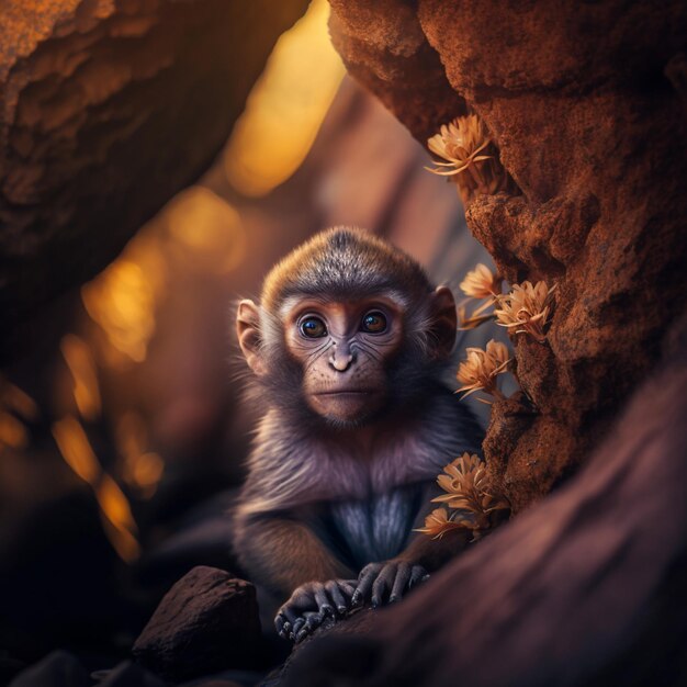 A monkey sits in a cave with a yellow background.