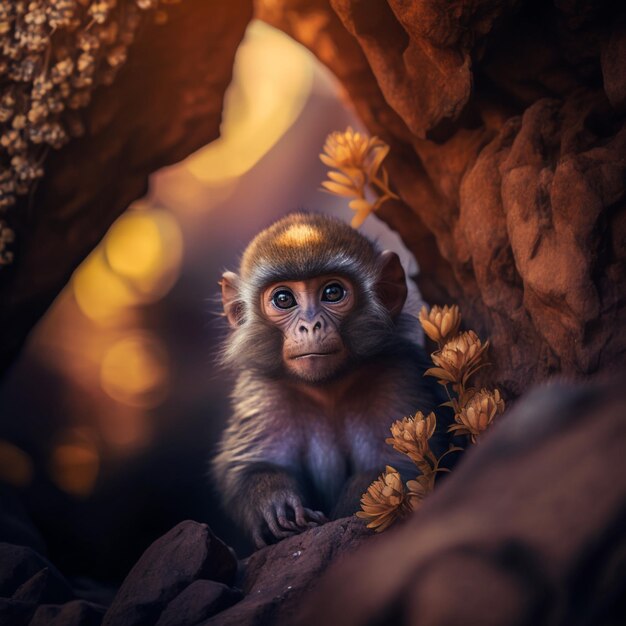 A monkey sits in a cave with a yellow light behind it.