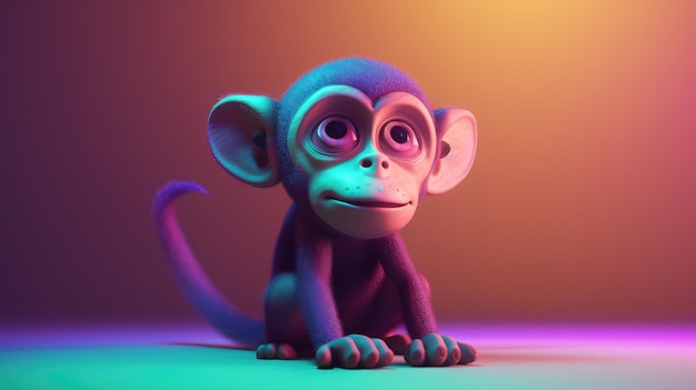 A monkey sits on a colorful background.