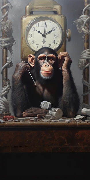 A monkey sits at a desk with a clock on it