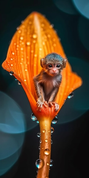 A monkey sits in a flower with water droplets on it.