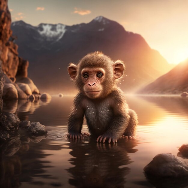 A monkey sits in a lake with mountains in the background.