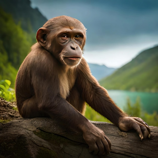 A monkey sits on a log in front of a mountain lake.