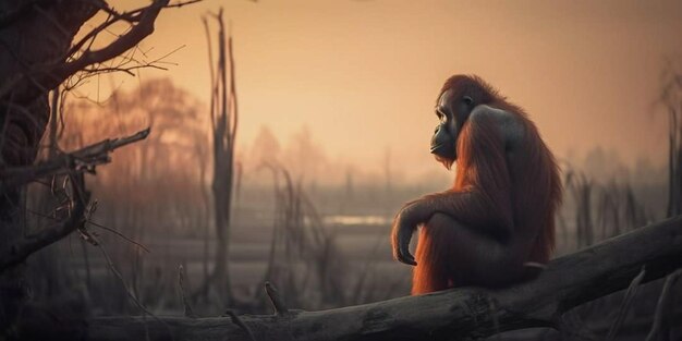 A monkey sits on a log in a sunset.