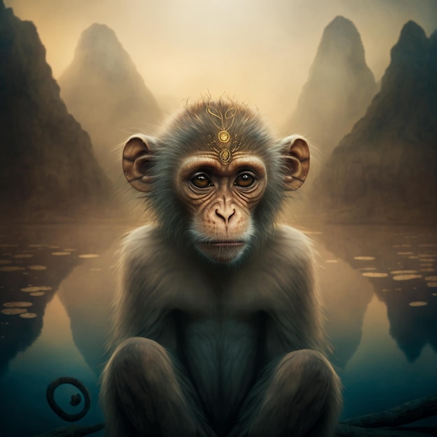 A monkey sits in a pond with mountains in the background.