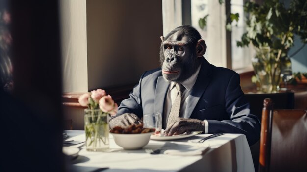 Photo monkey sits in a restaurant waiting for an order chimpanzee in restaurant