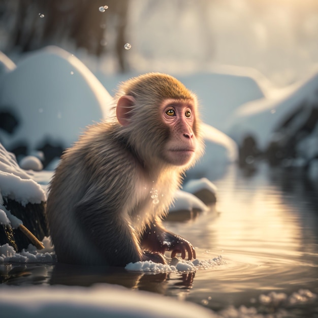원숭이가 땅에 눈이 내린 개울에 앉아 카메라를 쳐다봅니다.