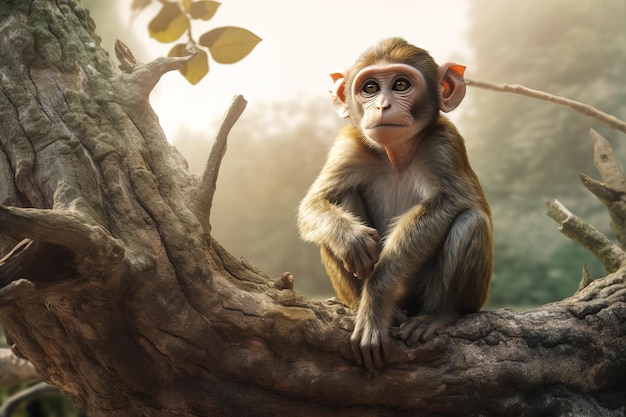 A monkey sits on a tree branch in the forest.