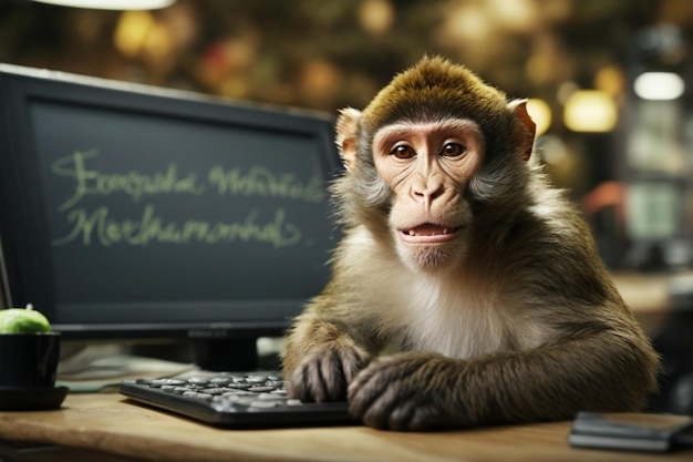 Monkey sitting at the desk in the office stock market concept