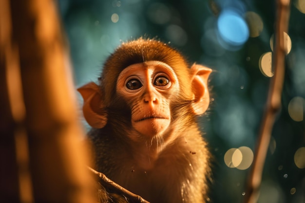 a monkey sitting on a log in a forest