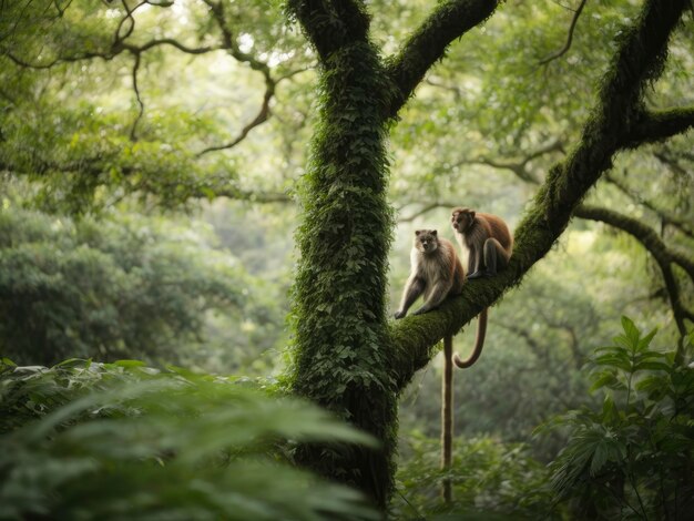 a monkey sitting on a tree branch in the forest looking at the camera
