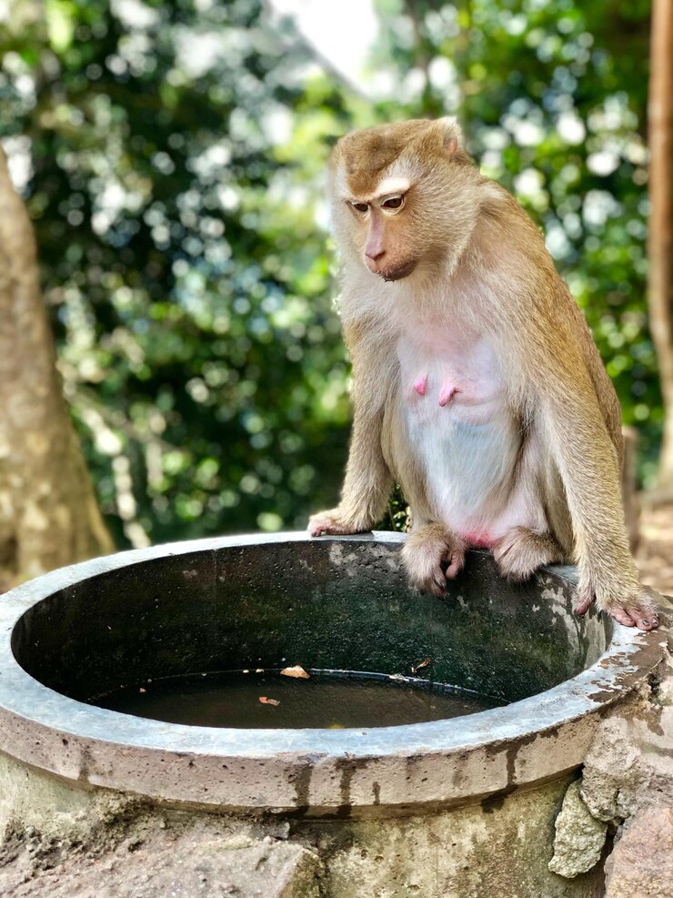 Photo monkey sitting on tree by water