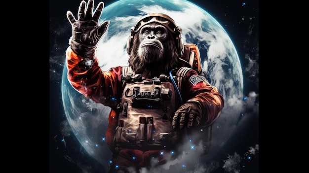 Foto scimmia in tuta spaziale che celebra con le mani alzate