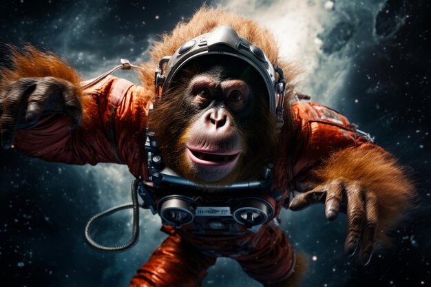 Photo monkey in space suit with helmet on and arms outstretched generative ai