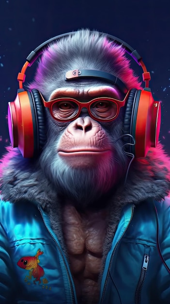 Monkey in style of nothing see nothing hear nothing speak wearing headphones listening rap gangsta ai generated