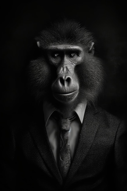 A monkey in a suit is wearing a suit.