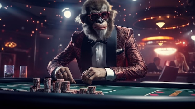 Monkey in a suit playing at the casino gambling and luxury concept