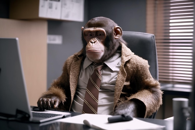 A monkey in a suit sits at a desk in front of a laptop.