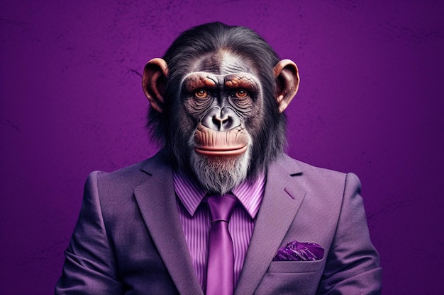 A monkey in a suit with a purple background