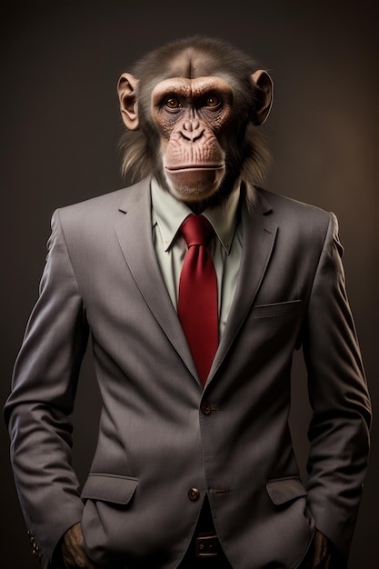 Monkey in suit with red tie and hat on his head Generative AI