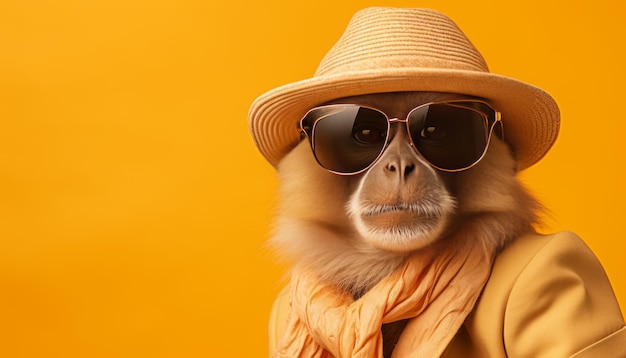 Photo monkey in sunglasses and hat travel concept with pastel background and text placement