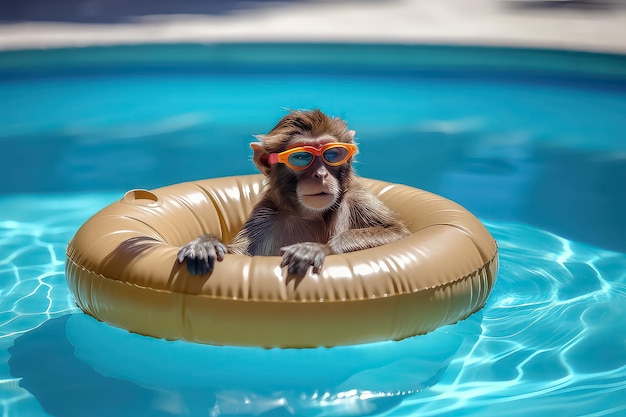 Monkey in sunglasses resting in the pool