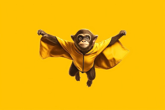 Foto scimmia con il mantello di supereroe su sfondo giallo generative ai