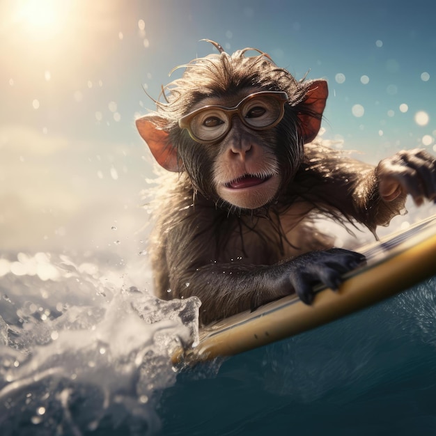 Monkey on surfboard swimming in the sea