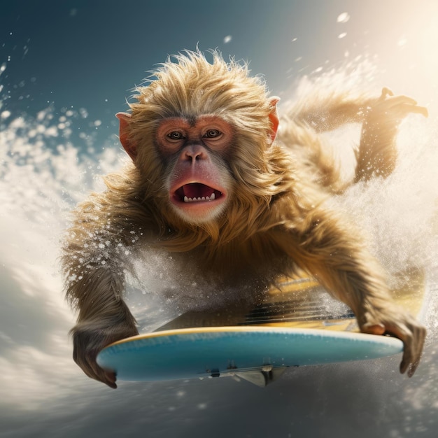 Monkey on surfboard swimming in the sea