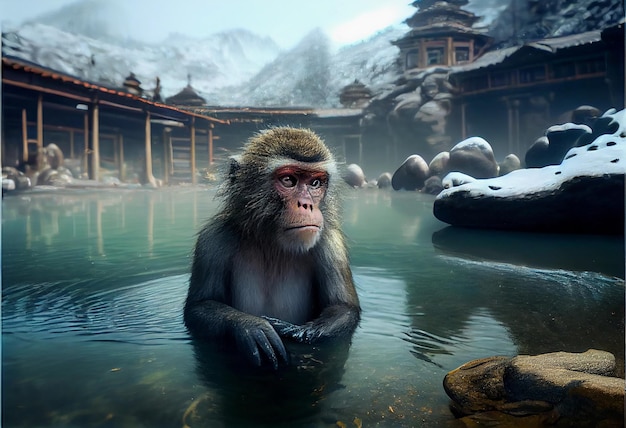 Monkey swims in a hot spring in asia