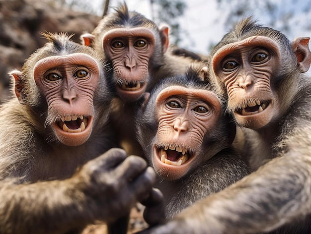 AI が生成した面白い写真を自撮りする猿AI が生成した自撮り面白い写真を撮る猿のグループ