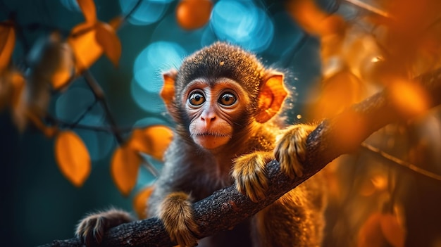 Обезьяна на дереве Красивая обезьяна с оранжевыми глазами с высоким контрастом