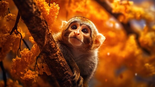 Scimmia sull'albero bella scimmia con occhi arancione alto contrasto