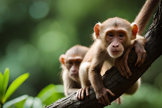 A monkey on a tree branch with a baby on the left.