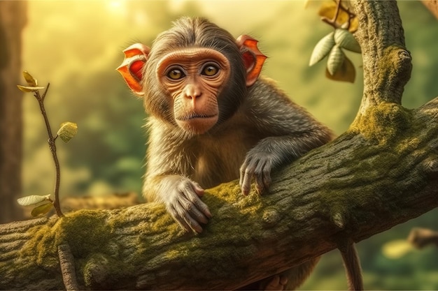 A monkey in a tree with a yellow background