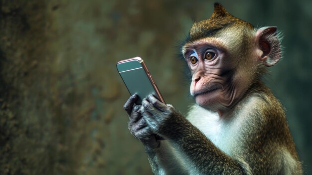 Foto scimmia che usa lo smartphone con un'espressione curiosa